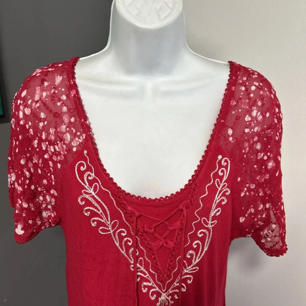 Women's Free Size Red White Dress Embroidered Sheer Tie Dye Boho‎ Fairy Beachy